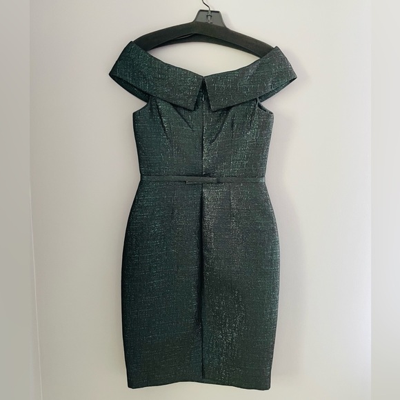 Rickie Freeman for Teri Jon Green Off-the-Shoulder Metallic Green Cocktail Dress - Picture 2 of 5